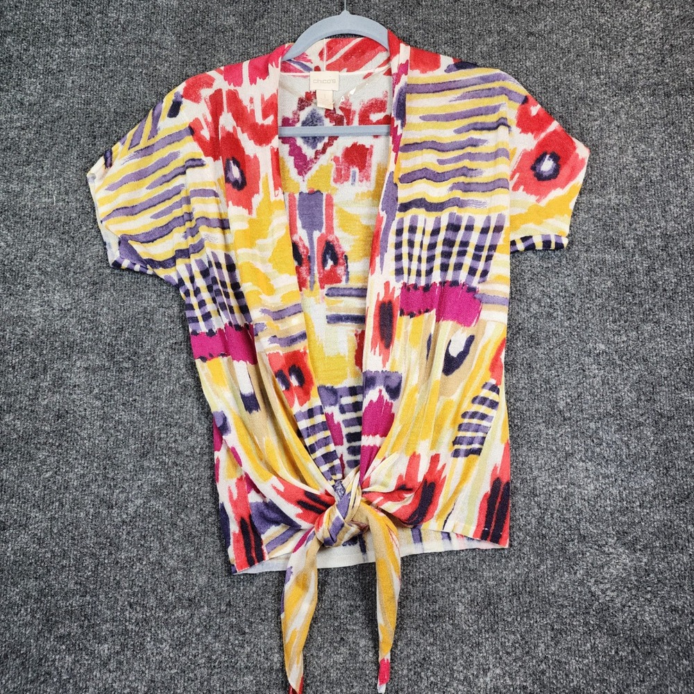Chico's‎ Abstract Ikat Tie Front Open Cardigan Shrug Rayon Knit Women's Size 1
